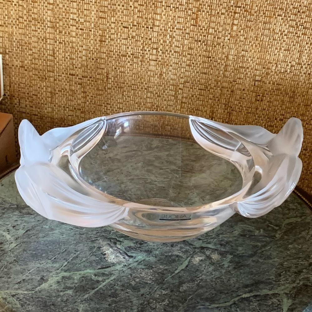 LALIQUE  fruit bowl with double orchid L12.5”,D8.5”,H5 1/4”Signed Lalique France